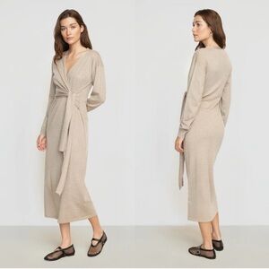 Knit Wrap Midi Dress in Beige